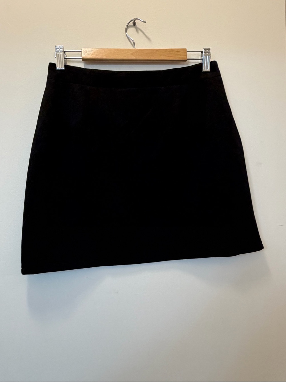 Black Faux Suede A-Line Mini Skirt with Gold Zipper Detail